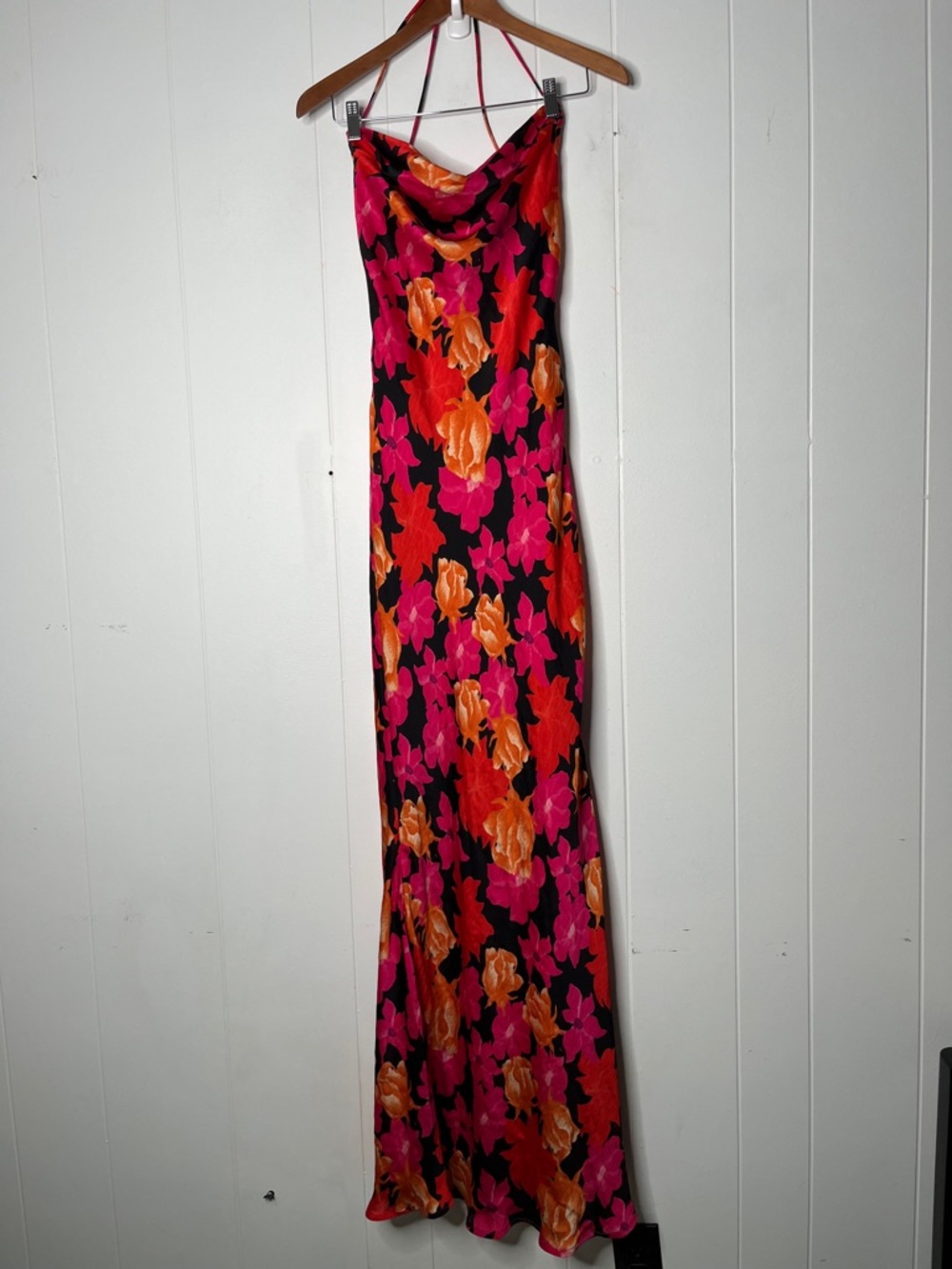 Hello Molly Black Pink & Orange Floral Halter Maxi Dress Lace Up Back Gown US8